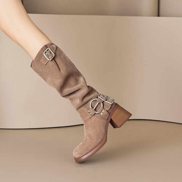 Genuine Leather Suede Western Cowboy Knight Boots for Women - High Tube Long Fashion Boots with Belt Buckle, Trendy Style Genuine Leather Suede Western Cowboy Knight Boots for Women - High Tube Long Fashion Boots with Belt Buckle, Trendy Style