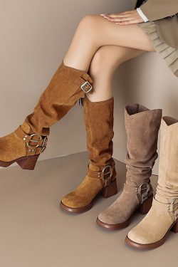 Genuine Leather Suede Western Cowboy Knight Boots for Women - High Tube Long Fashion Boots with Belt Buckle, Trendy Style