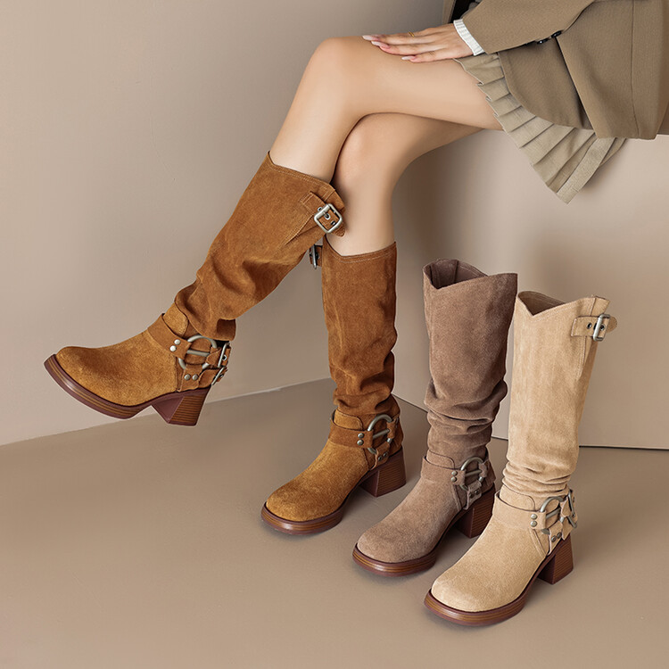 Genuine Leather Suede Western Cowboy Knight Boots for Women - High Tube Long Fashion Boots with Belt Buckle, Trendy Style Genuine Leather Suede Western Cowboy Knight Boots for Women - High Tube Long Fashion Boots with Belt Buckle, Trendy Style