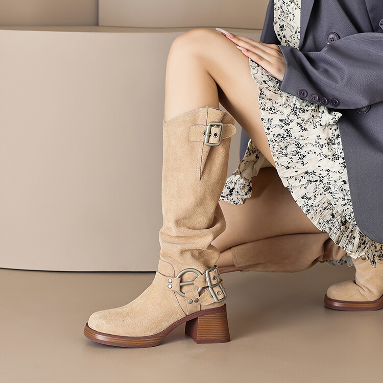 Genuine Leather Suede Western Cowboy Knight Boots for Women - High Tube Long Fashion Boots with Belt Buckle, Trendy Style Genuine Leather Suede Western Cowboy Knight Boots for Women - High Tube Long Fashion Boots with Belt Buckle, Trendy Style