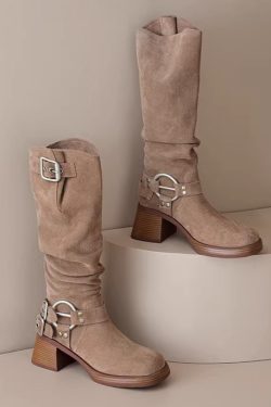 Genuine Leather Suede Western Cowboy Knight Boots for Women - High Tube Long Fashion Boots with Belt Buckle, Trendy Style