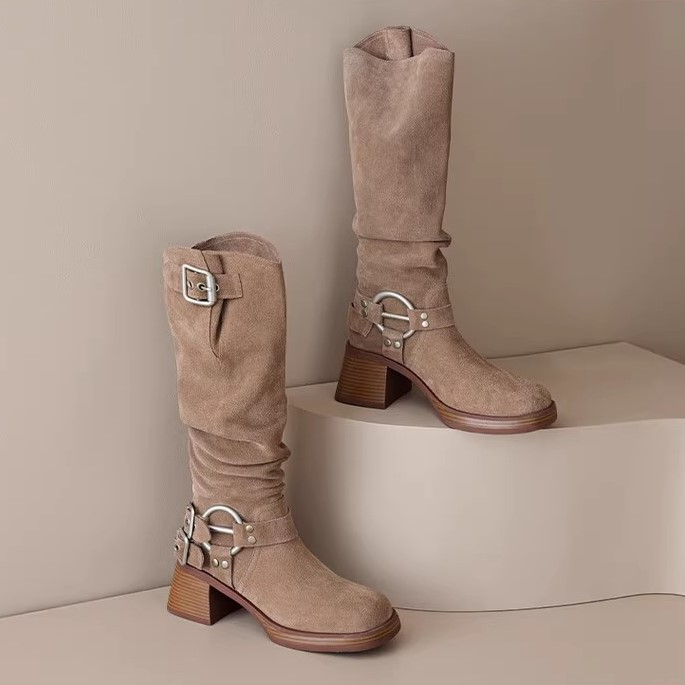 Genuine Leather Suede Western Cowboy Knight Boots for Women - High Tube Long Fashion Boots with Belt Buckle, Trendy Style Genuine Leather Suede Western Cowboy Knight Boots for Women - High Tube Long Fashion Boots with Belt Buckle, Trendy Style