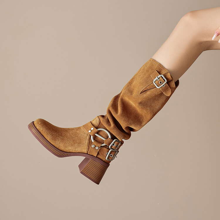 Genuine Leather Suede Western Cowboy Knight Boots for Women - High Tube Long Fashion Boots with Belt Buckle, Trendy Style Genuine Leather Suede Western Cowboy Knight Boots for Women - High Tube Long Fashion Boots with Belt Buckle, Trendy Style