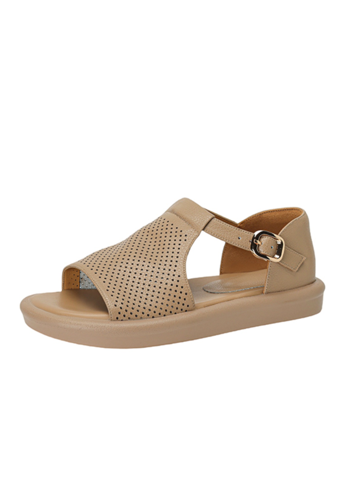 Genuine Leather T-Strap Open-Toe Flat Roman Sandals for Women - Summer 2025 Soft Bottom Hole Design, Trendy Casual Footwear Genuine Leather T-Strap Open-Toe Flat Roman Sandals for Women - Summer 2025 Soft Bottom Hole Design, Trendy Casual Footwear