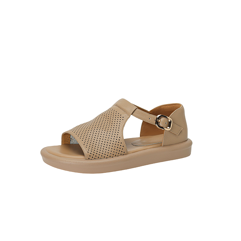 Genuine Leather T-Strap Open-Toe Flat Roman Sandals for Women - Summer 2025 Soft Bottom Hole Design, Trendy Casual Footwear Genuine Leather T-Strap Open-Toe Flat Roman Sandals for Women - Summer 2025 Soft Bottom Hole Design, Trendy Casual Footwear