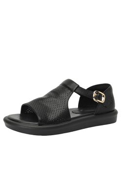 Genuine Leather T-Strap Open-Toe Flat Roman Sandals for Women - Summer 2025 Soft Bottom Hole Design, Trendy Casual Footwear