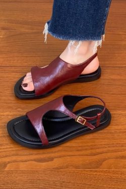 Genuine Leather Vacation Flat-Toe Sandals for Women - Side-Open Black Summer Shoes 2025, Lazy Chic Style
