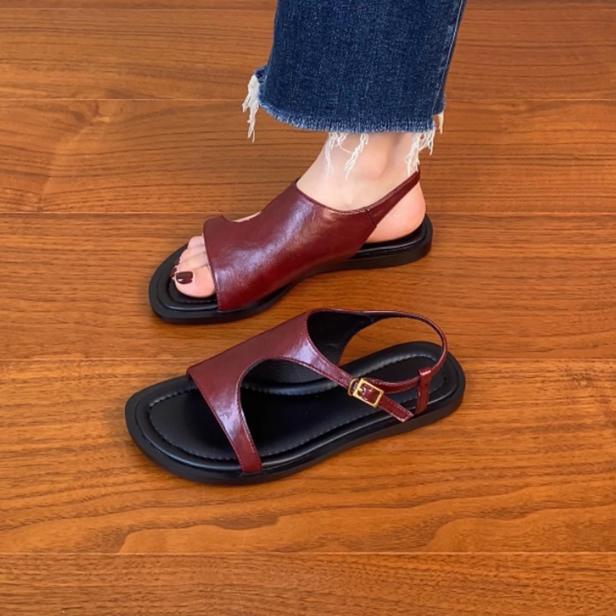 Genuine Leather Vacation Flat-Toe Sandals for Women - Side-Open Black Summer Shoes 2025, Lazy Chic Style Genuine Leather Vacation Flat-Toe Sandals for Women - Side-Open Black Summer Shoes 2025, Lazy Chic Style