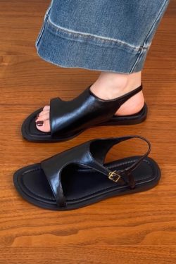 Genuine Leather Vacation Flat-Toe Sandals for Women - Side-Open Black Summer Shoes 2025, Lazy Chic Style