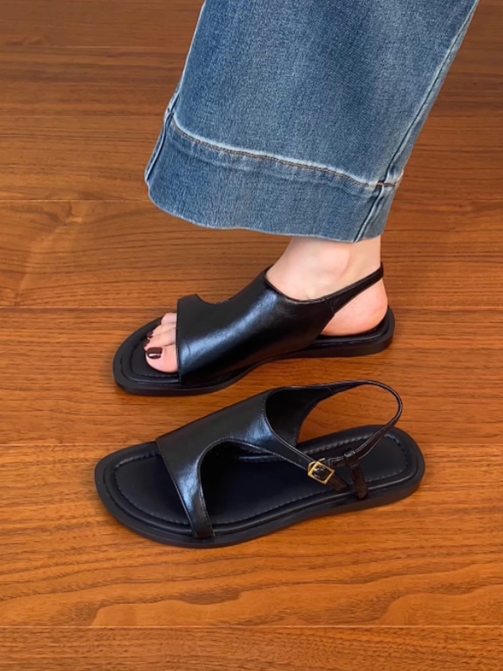 Genuine Leather Vacation Flat-Toe Sandals for Women - Side-Open Black Summer Shoes 2025, Lazy Chic Style Genuine Leather Vacation Flat-Toe Sandals for Women - Side-Open Black Summer Shoes 2025, Lazy Chic Style