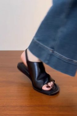 Genuine Leather Vacation Flat-Toe Sandals for Women - Side-Open Black Summer Shoes 2025, Lazy Chic Style