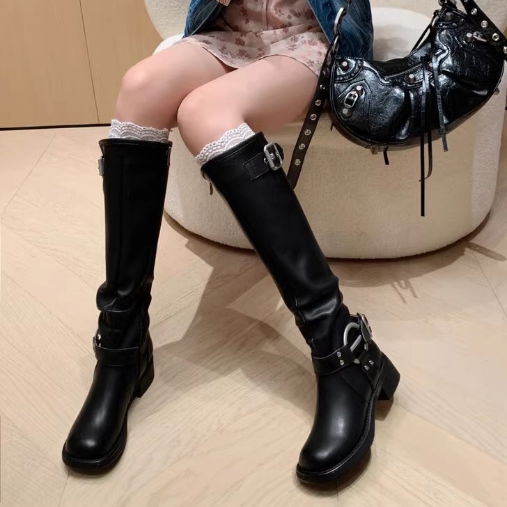 Genuine Leather Women's Knight Boots - Wrinkled Slouch Design, European & American Style Western Belt Buckle, Fashion Trendy Footwear Genuine Leather Women's Knight Boots - Wrinkled Slouch Design, European & American Style Western Belt Buckle, Fashion Trendy Footwear