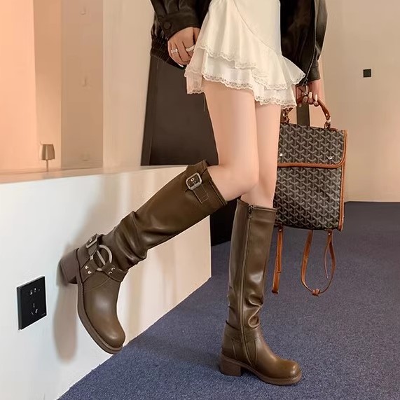 Genuine Leather Women's Knight Boots - Wrinkled Slouch Design, European & American Style Western Belt Buckle, Fashion Trendy Footwear Genuine Leather Women's Knight Boots - Wrinkled Slouch Design, European & American Style Western Belt Buckle, Fashion Trendy Footwear