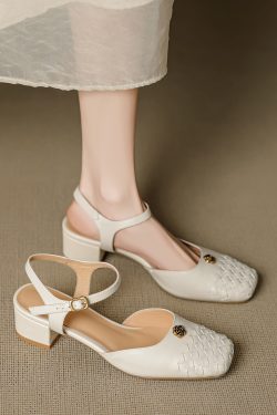 Genuine Leather Woven Camellia Sandals for Women - Vintage French Mid-Heel Closed-Toe Summer Shoes