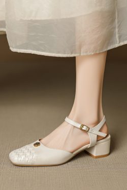 Genuine Leather Woven Camellia Sandals for Women - Vintage French Mid-Heel Closed-Toe Summer Shoes