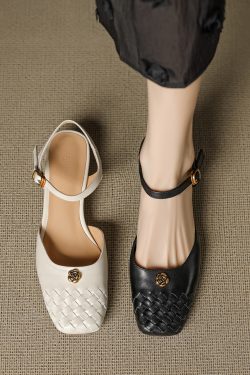 Genuine Leather Woven Camellia Sandals for Women - Vintage French Mid-Heel Closed-Toe Summer Shoes