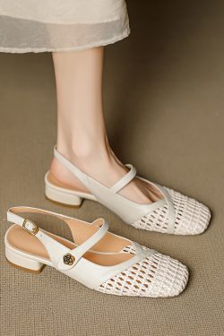 Genuine Leather Woven Camellia Sandals for Women - Vintage French Style Mid-Heel Closed Toe Summer Footwear