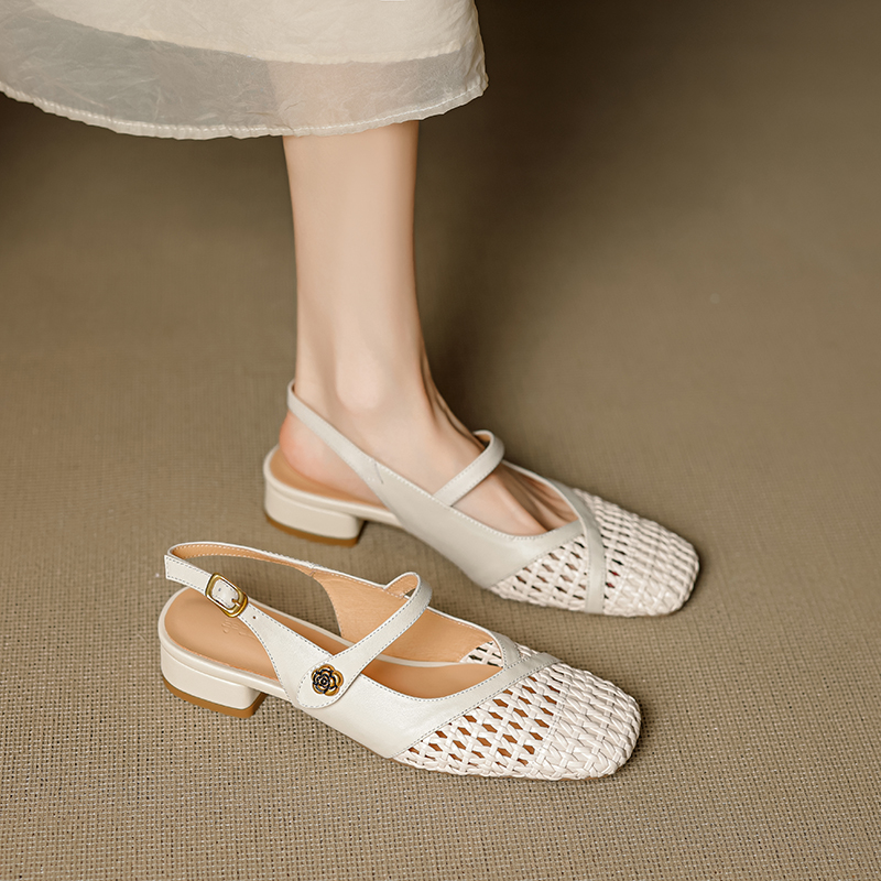 Genuine Leather Woven Camellia Sandals for Women - Vintage French Style Mid-Heel Closed Toe Summer Footwear Genuine Leather Woven Camellia Sandals for Women - Vintage French Style Mid-Heel Closed Toe Summer Footwear