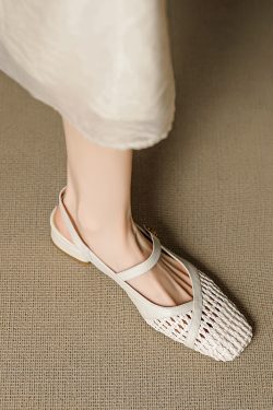 Genuine Leather Woven Camellia Sandals for Women - Vintage French Style Mid-Heel Closed Toe Summer Footwear