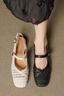 Genuine Leather Woven Camellia Sandals for Women - Vintage French Style Mid-Heel Closed Toe Summer Footwear