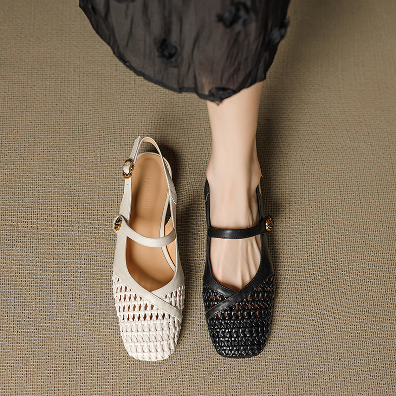 Genuine Leather Woven Camellia Sandals for Women - Vintage French Style Mid-Heel Closed Toe Summer Footwear Genuine Leather Woven Camellia Sandals for Women - Vintage French Style Mid-Heel Closed Toe Summer Footwear