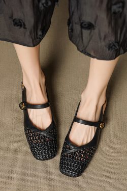 Genuine Leather Woven Camellia Sandals for Women - Vintage French Style Mid-Heel Closed Toe Summer Footwear