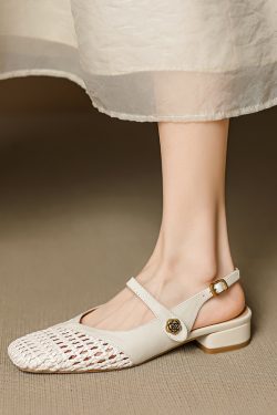 Genuine Leather Woven Camellia Sandals for Women - Vintage French Style Mid-Heel Closed Toe Summer Footwear