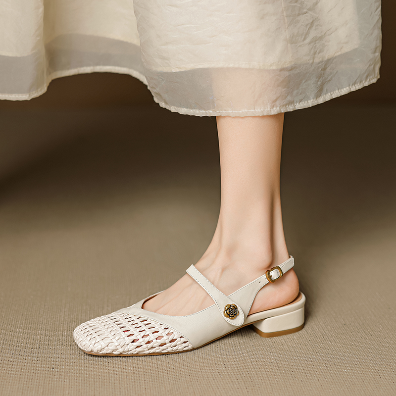 Genuine Leather Woven Camellia Sandals for Women - Vintage French Style Mid-Heel Closed Toe Summer Footwear Genuine Leather Woven Camellia Sandals for Women - Vintage French Style Mid-Heel Closed Toe Summer Footwear