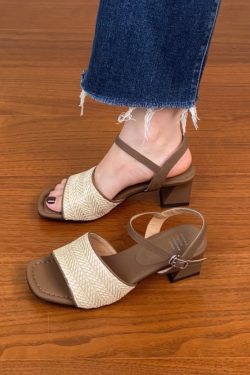 Genuine Leather Woven One-Strap Open-Toe Chunky Heel Sandals for Women - Vacation Style Mid-Heel Shoes for Summer 2025