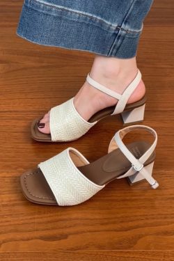 Genuine Leather Woven One-Strap Open-Toe Chunky Heel Sandals for Women - Vacation Style Mid-Heel Shoes for Summer 2025