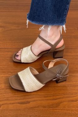 Genuine Leather Woven One-Strap Open-Toe Chunky Heel Sandals for Women - Vacation Style Mid-Heel Shoes for Summer 2025