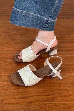 Genuine Leather Woven One-Strap Open-Toe Chunky Heel Sandals for Women - Vacation Style Mid-Heel Shoes for Summer 2025