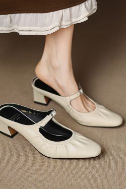 Genuine Soft Leather Mary Jane Half Slippers for Women with Chunky High Heels - Italian Corso Venezia Style