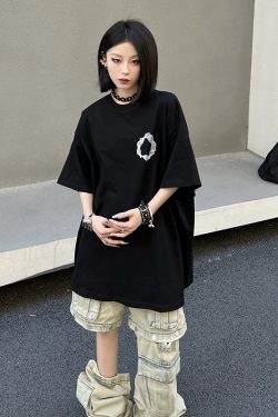 Geometric Print Black Short-Sleeve T-Shirt for Couples - American Street Style Loose Fit High Street Fashion