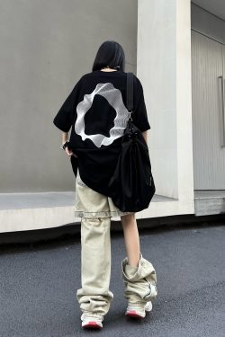 Geometric Print Black Short-Sleeve T-Shirt for Couples - American Street Style Loose Fit High Street Fashion