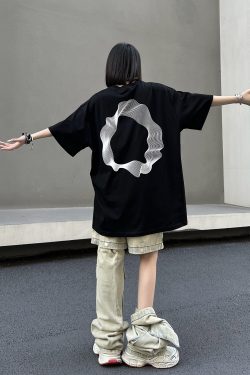 Geometric Print Black Short-Sleeve T-Shirt for Couples - American Street Style Loose Fit High Street Fashion
