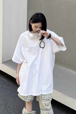 Geometric Print Black Short-Sleeve T-Shirt for Couples - American Street Style Loose Fit High Street Fashion