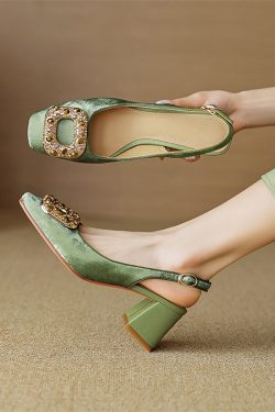 Giant American Style Chunky High-Heeled Open-Back Square-Toe Women's Sandals with Crystal Square Buckle - Fashionable Summer Footwear