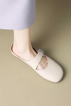 Giant Soft Genuine Leather Open-Toe Half-Slip Women's Outdoor One-Strap Flat Mule Slippers for Summer Comfort
