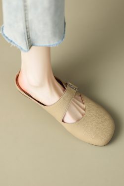 Giant Soft Genuine Leather Open-Toe Half-Slip Women's Outdoor One-Strap Flat Mule Slippers for Summer Comfort