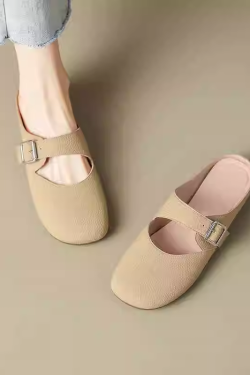 Giant Soft Genuine Leather Open-Toe Half-Slip Women's Outdoor One-Strap Flat Mule Slippers for Summer Comfort