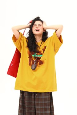 Ginger Yellow Retro Printed Short Sleeve T-Shirt for Women, Trendy Loose Fit Casual Tee, Summer 2025 Fashion