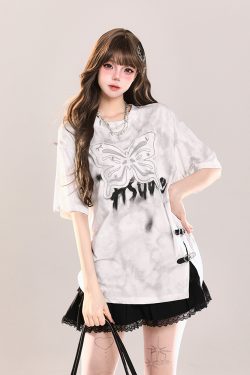 Girls' American-Style Butterfly Patchwork Embroidered Split Short Sleeve T-Shirt - Summer Loose Slimming Top