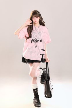 Girls' American-Style Butterfly Patchwork Embroidered Split Short Sleeve T-Shirt - Summer Loose Slimming Top