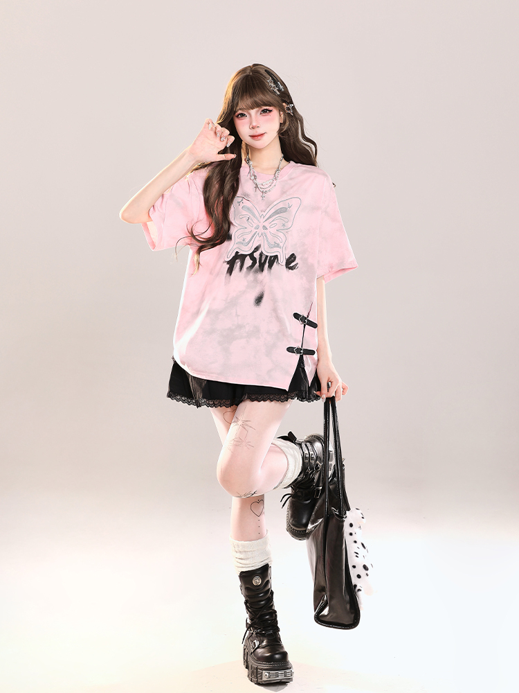 Girls' American-Style Butterfly Patchwork Embroidered Split Short Sleeve T-Shirt - Summer Loose Slimming Top Girls' American-Style Butterfly Patchwork Embroidered Split Short Sleeve T-Shirt - Summer Loose Slimming Top