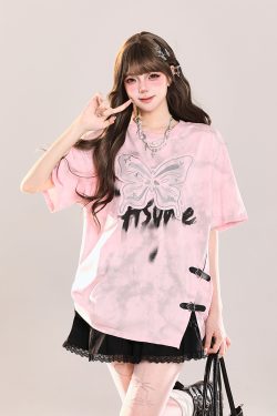 Girls' American-Style Butterfly Patchwork Embroidered Split Short Sleeve T-Shirt - Summer Loose Slimming Top