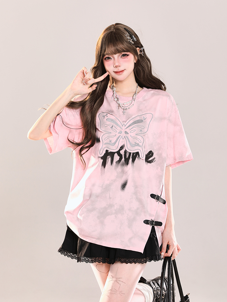 Girls' American-Style Butterfly Patchwork Embroidered Split Short Sleeve T-Shirt - Summer Loose Slimming Top Girls' American-Style Butterfly Patchwork Embroidered Split Short Sleeve T-Shirt - Summer Loose Slimming Top