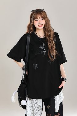 Girls' American Style Star Print Short Sleeve T-Shirt, Unique Summer Design, Loose Fit, Trendy Casual Wear