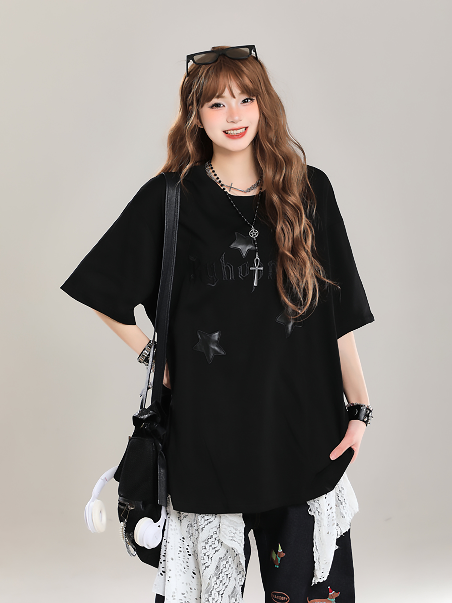 Girls' American Style Star Print Short Sleeve T-Shirt, Unique Summer Design, Loose Fit, Trendy Casual Wear Girls' American Style Star Print Short Sleeve T-Shirt, Unique Summer Design, Loose Fit, Trendy Casual Wear