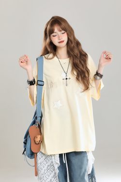 Girls' American Style Star Print Short Sleeve T-Shirt, Unique Summer Design, Loose Fit, Trendy Casual Wear